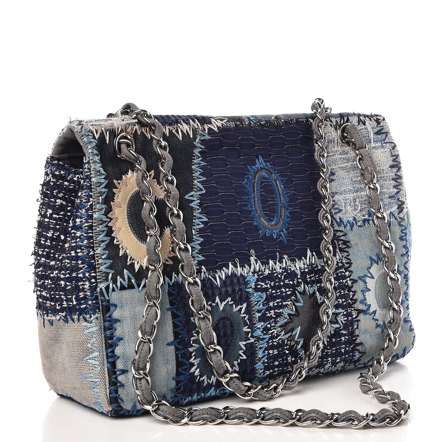 Denim Tweed Patchwork Jumbo Single Flap Blue