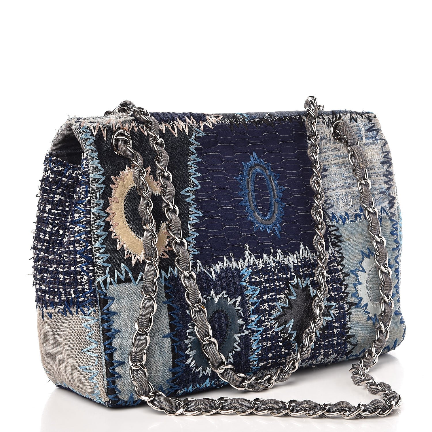 Chanel Denim Tweed Patchwork Jumbo Single Flap Blue 4 of 14