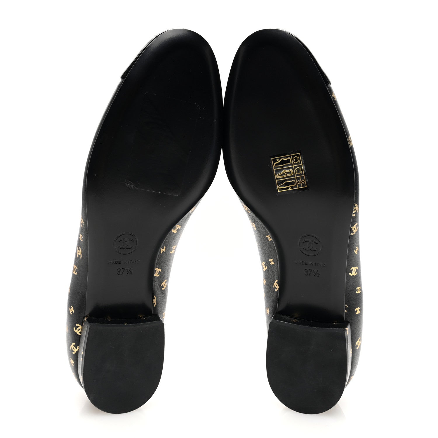 Chanel Lambskin Patent Calfskin Printed CC Cap Toe Ballerina Flats 37.5 Black Gold 5 of 9