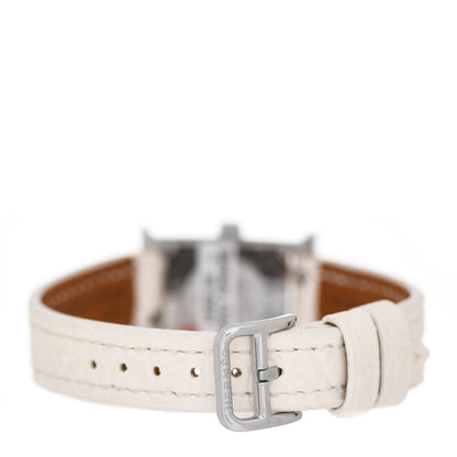 Hermes Stainless Steel Alligator Diamond Bezel Mother of Pearl 17.2mm Heure H Hour Quartz Watch Blanc 2 of 5