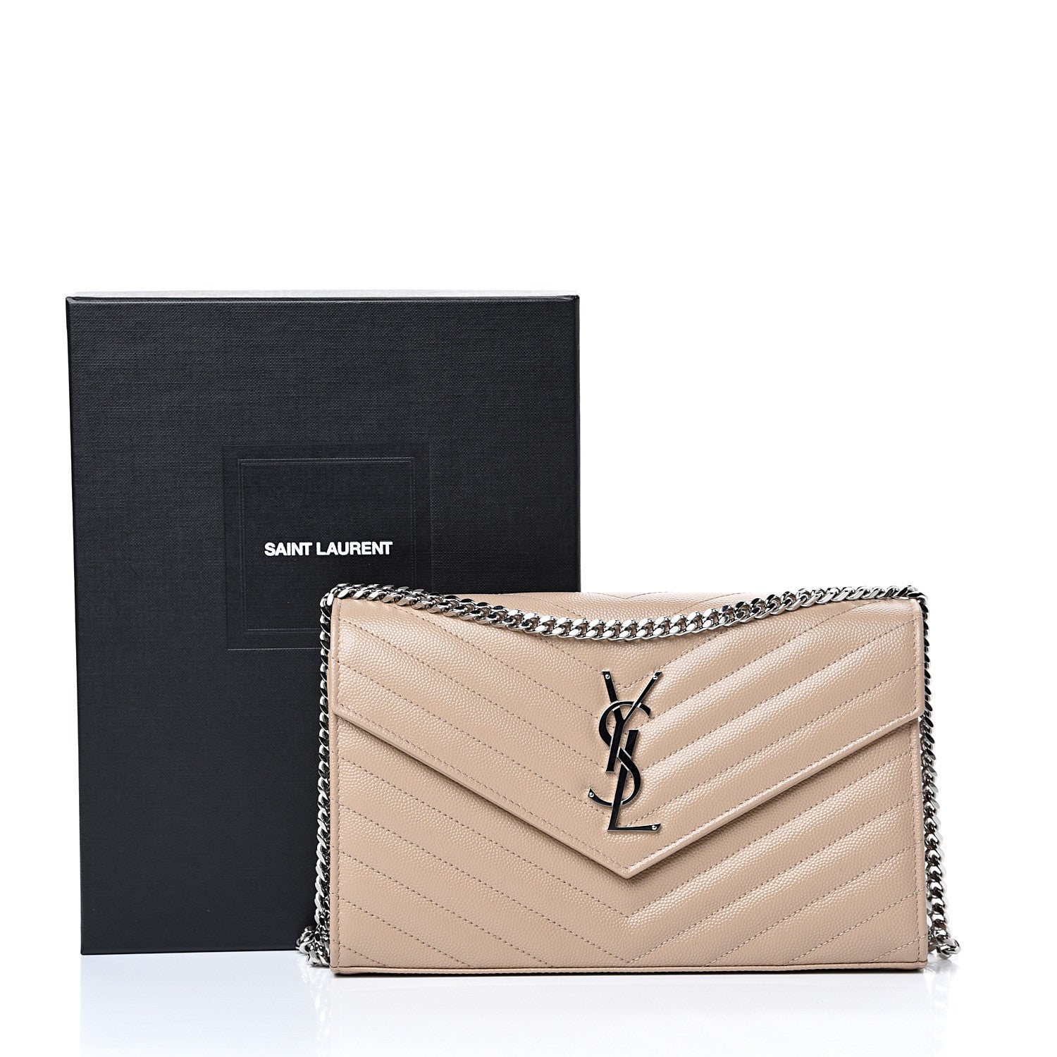 Saint Laurent Grain De Poudre Matelasse Chevron Monogram Chain Wallet Nude Powder 10 of 10