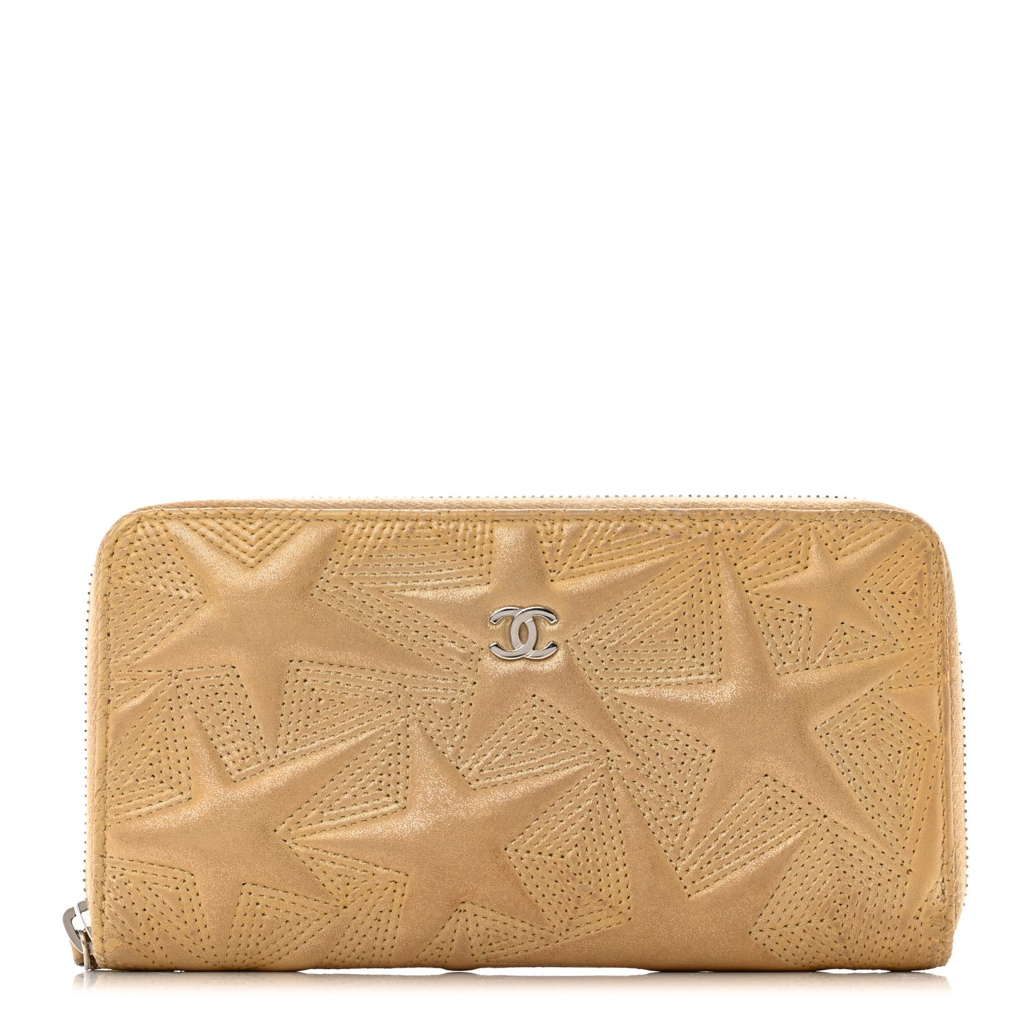 Metallic Lambskin Star Embossed Medium Zip Around Wallet Gold