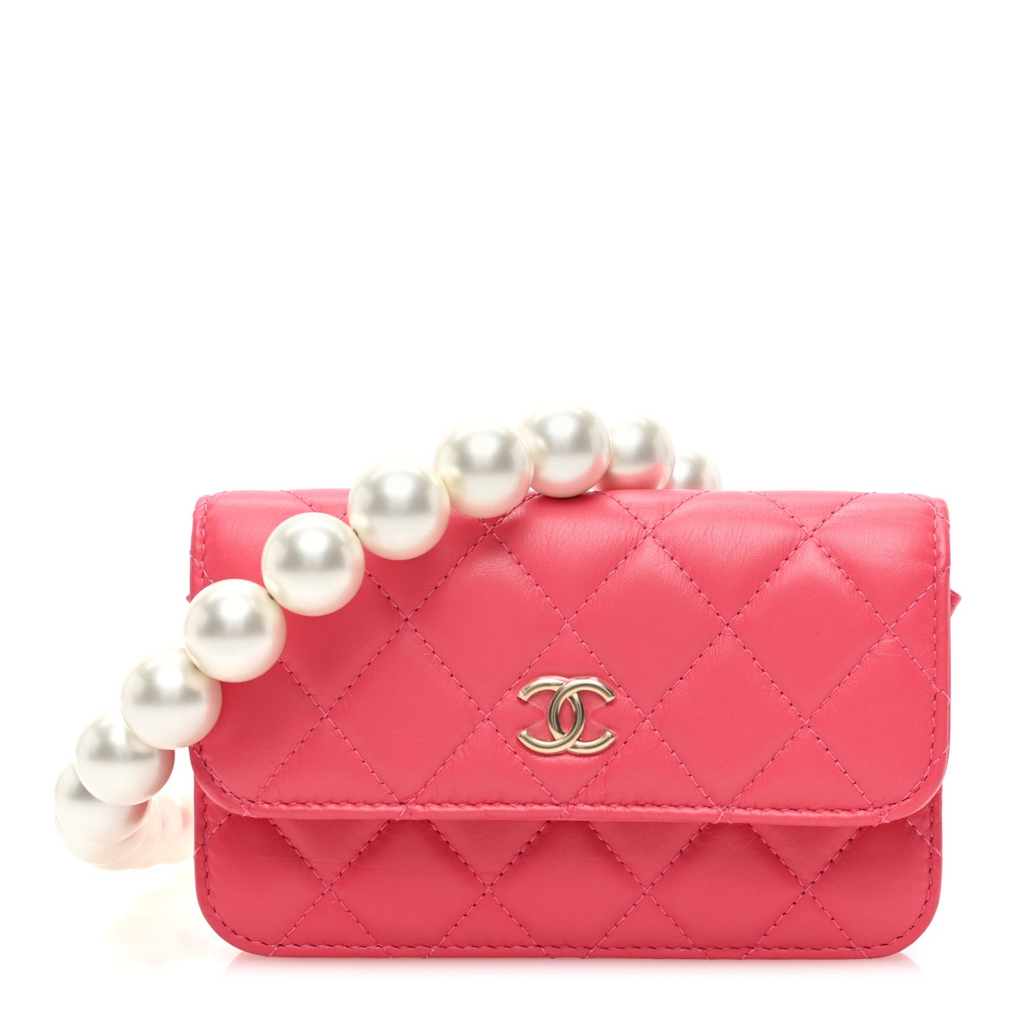 Calfskin Quilted Maxi Pearls Clutch With Chain Pink