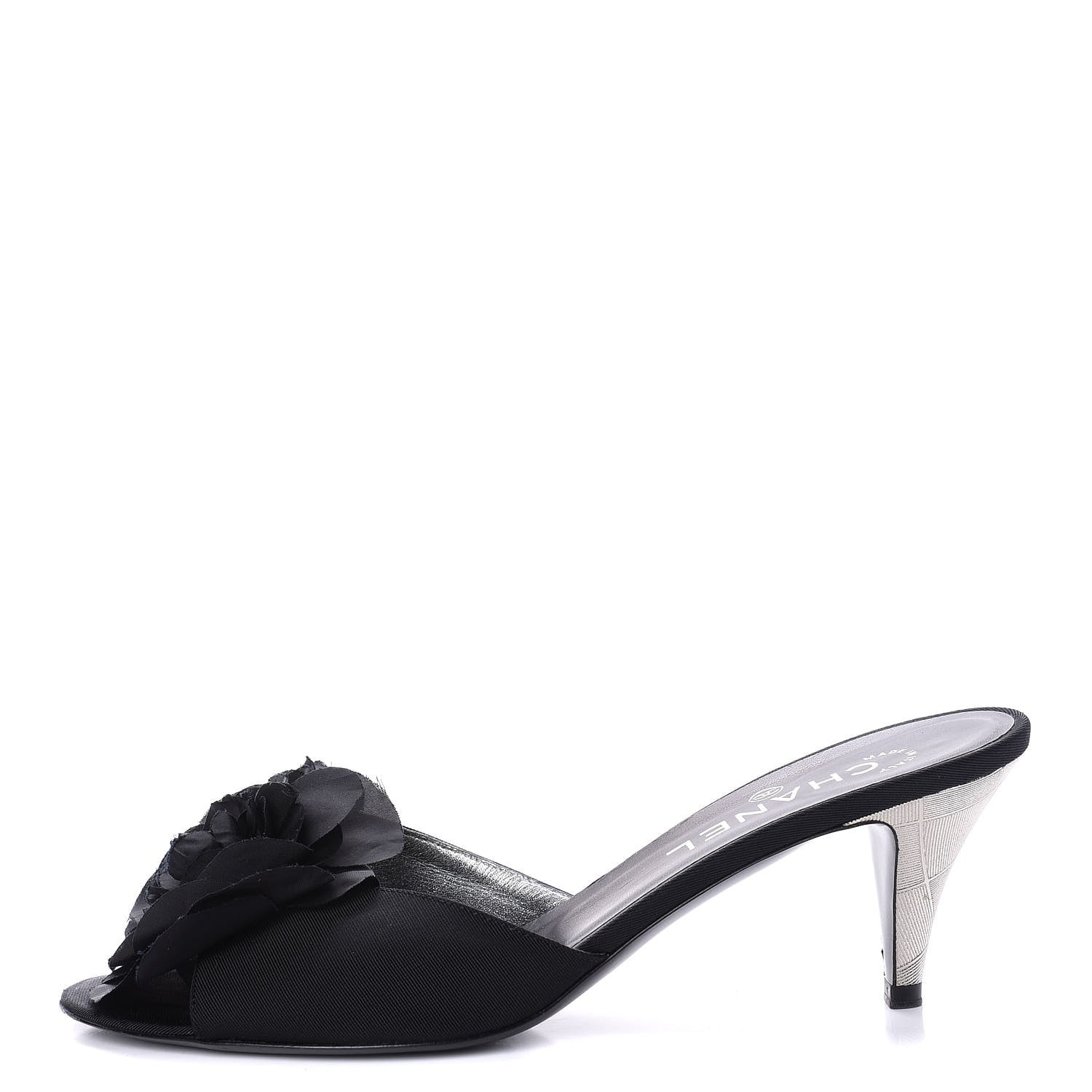 Chanel Metal Silk Grosgrain Camellia Mules 39 Black 1 of 10