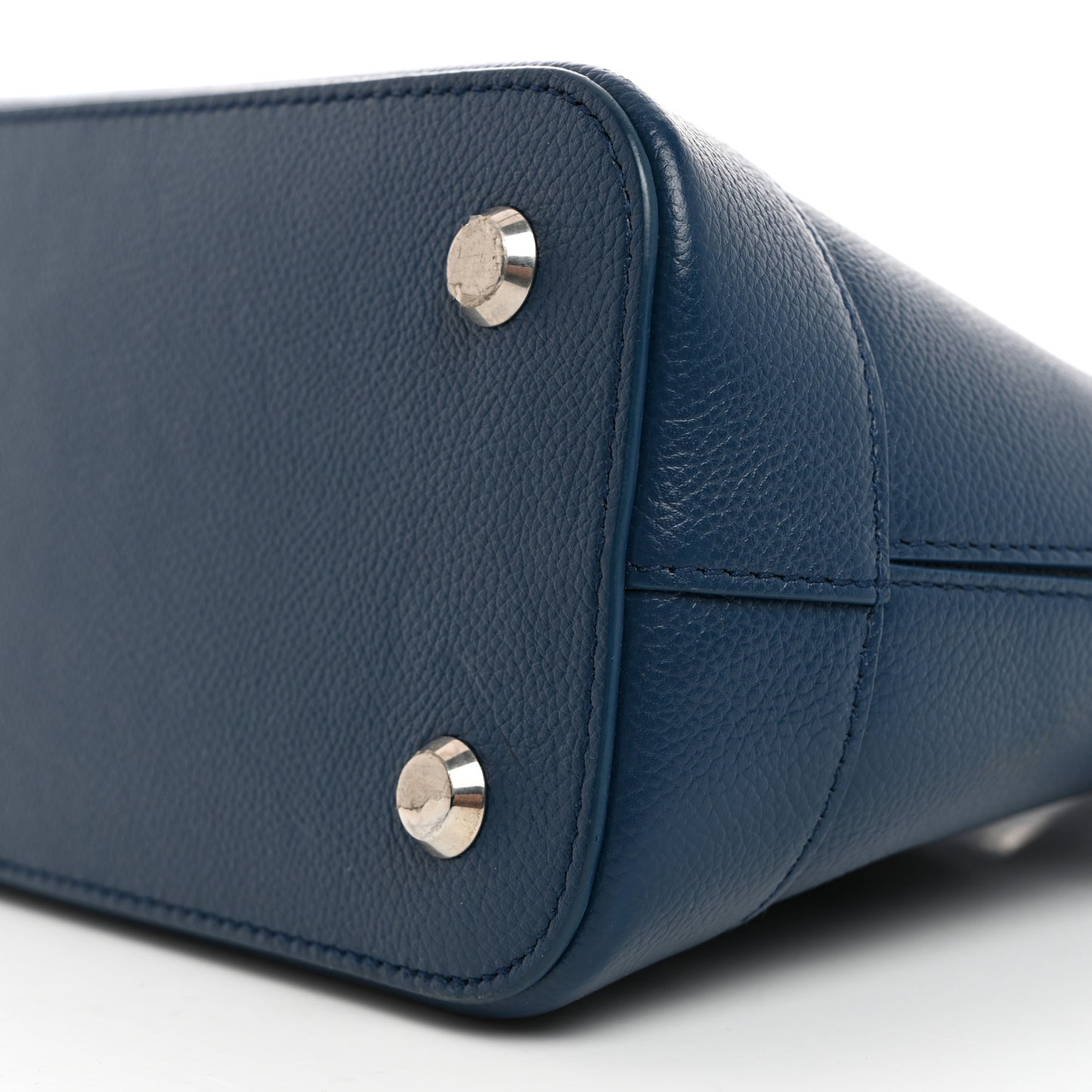 Signature Grained Calfskin Logo S Ville Top Handle Bag Petrol Blue White