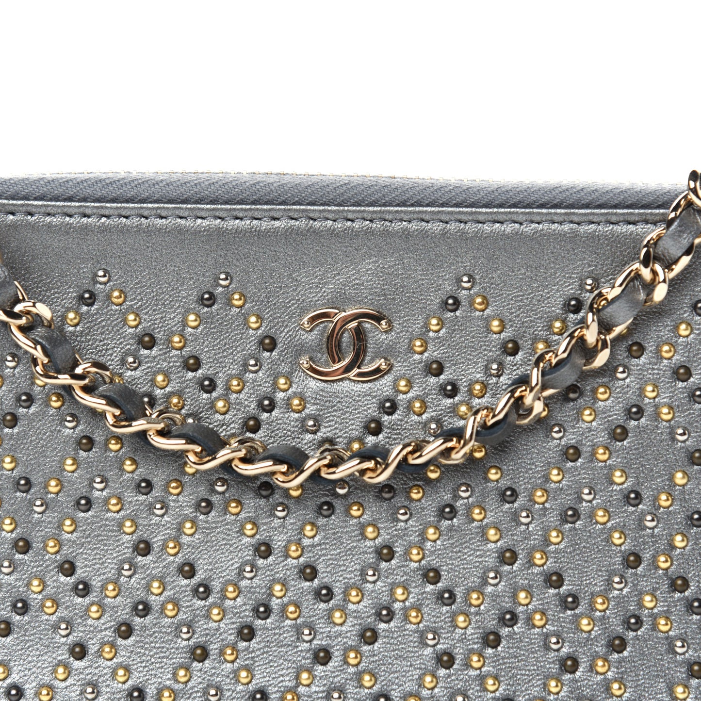 Lambskin Metallic Studded Clutch With Chain Grey
