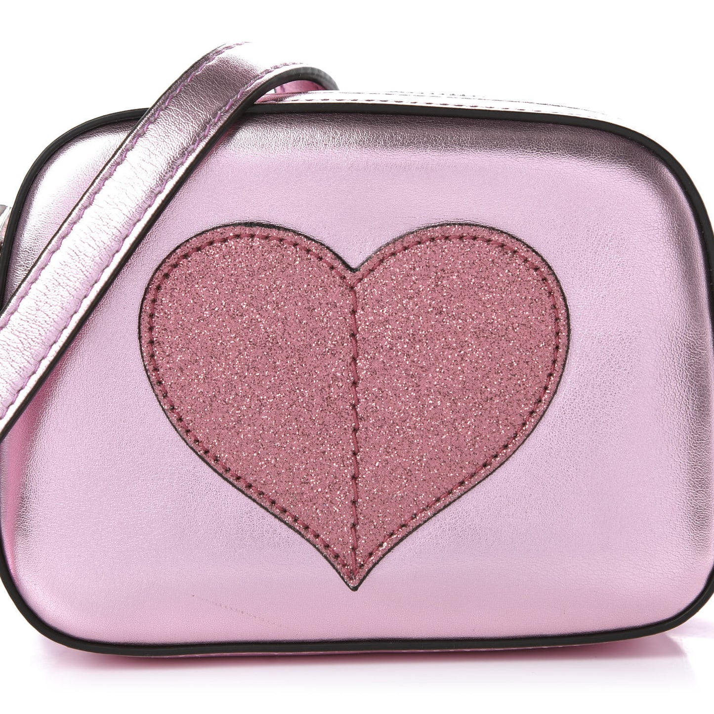 Metallic Calfskin Children's Glitter Heart Messenger Bag Pink