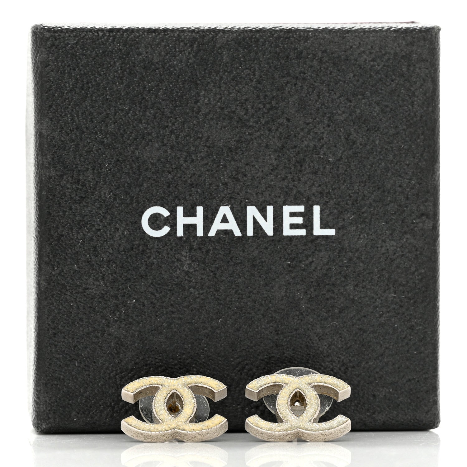 Chanel Glitter Enamel CC Earrings Silver White 5 of 5