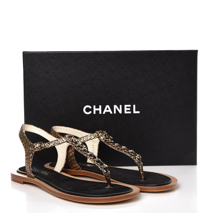 Chanel Fantasy Goatskin Suede CC Chain Thong Sandals 37.5 Gold Black 9 of 9