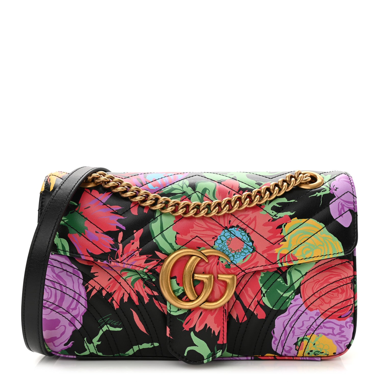 Gucci X KEN SCOTT Calfskin Matelasse Floral Small GG Marmont Shoulder Bag Black 1 of 11