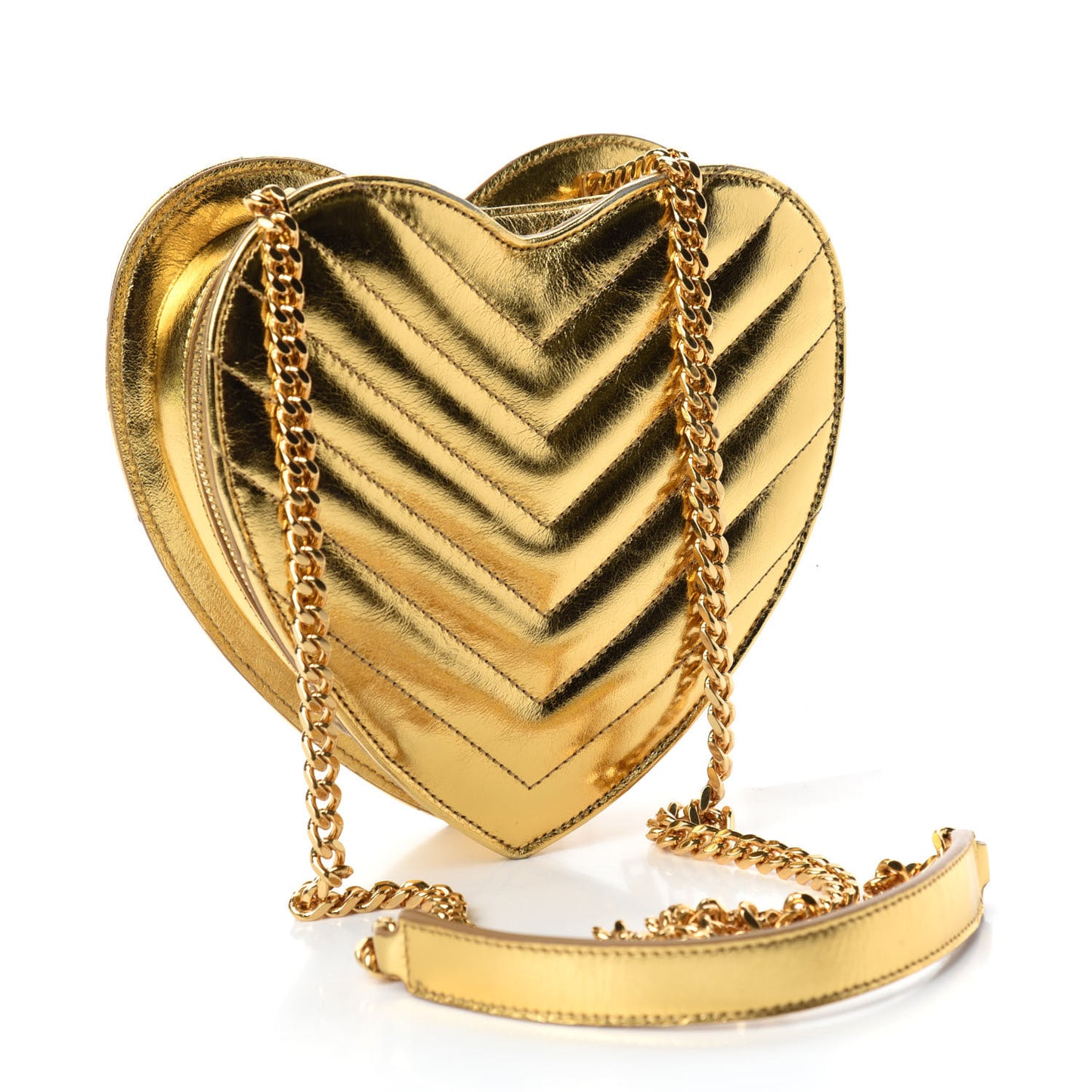 Metallic Calfskin Matelasse Chevron Monogram Small Love Heart Chain Bag Gold