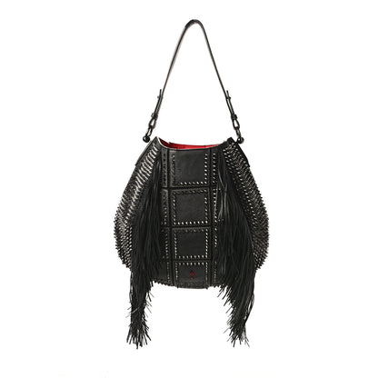 Christian Louboutin Metallic Sheepskin Spikes Fringed Lucky L Hobo Anthracite 1 of 11