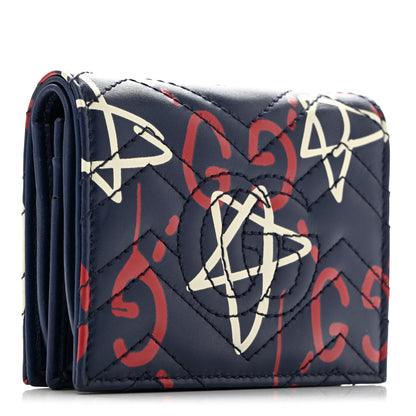 Gucci Calfskin Matelasse GucciGhost GG Marmont Card Case Blue Agata Hibiscus Red 3 of 9