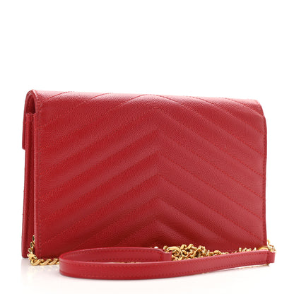 Saint Laurent Grain De Poudre Matelasse Chevron Monogram Envelope Chain Wallet Red 4 of 23