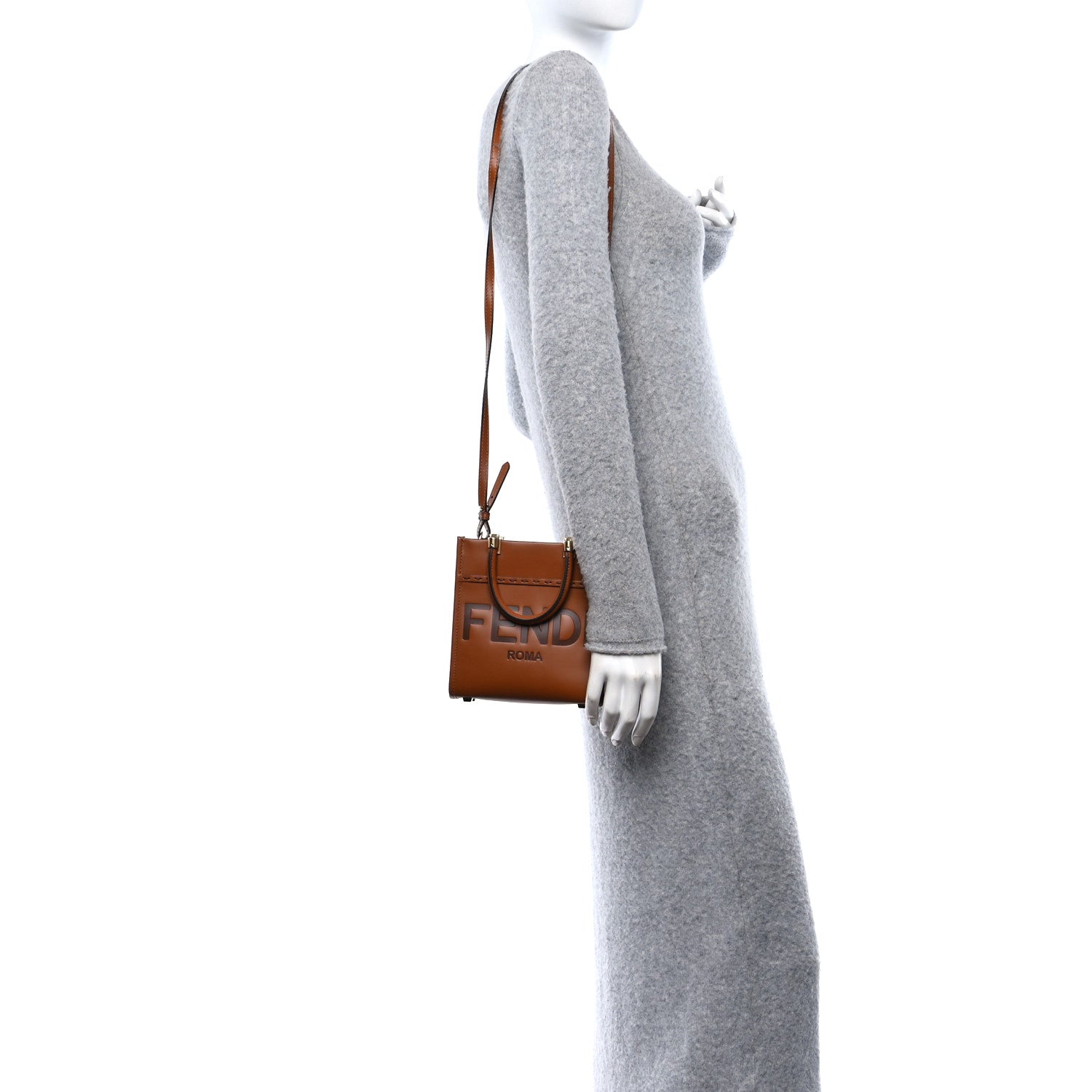 Fendi Vitello King Plexiglass Logo Embossed Mini Fendi Sunshine Shopper Tote Cuoio 2 of 10