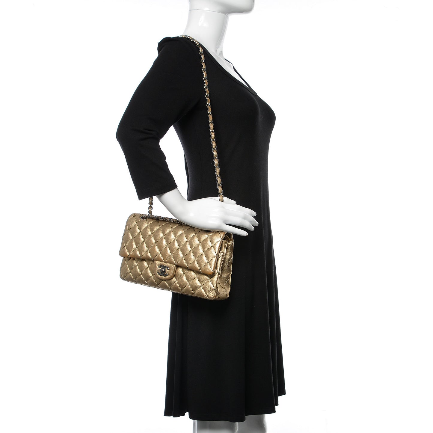 Metallic Washed Lambskin Quilted Medium Double Flap Dark Gold Black
