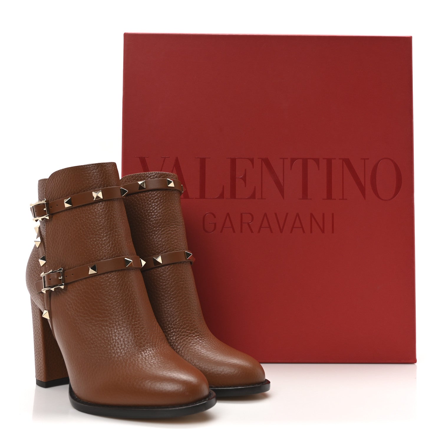 Valentino Garavani Pebbled Calfskin Rockstud Double Buckle 70mm Block Heel Ankle Boots 37.5 Bright Cognac 9 of 9