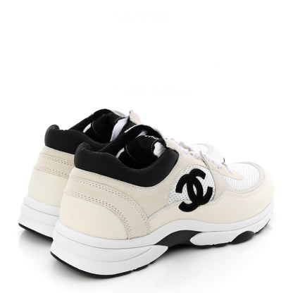 Chanel Mesh Suede Calfskin Grained Calfskin Womens CC Sneakers 40.5 White Black 4 of 10