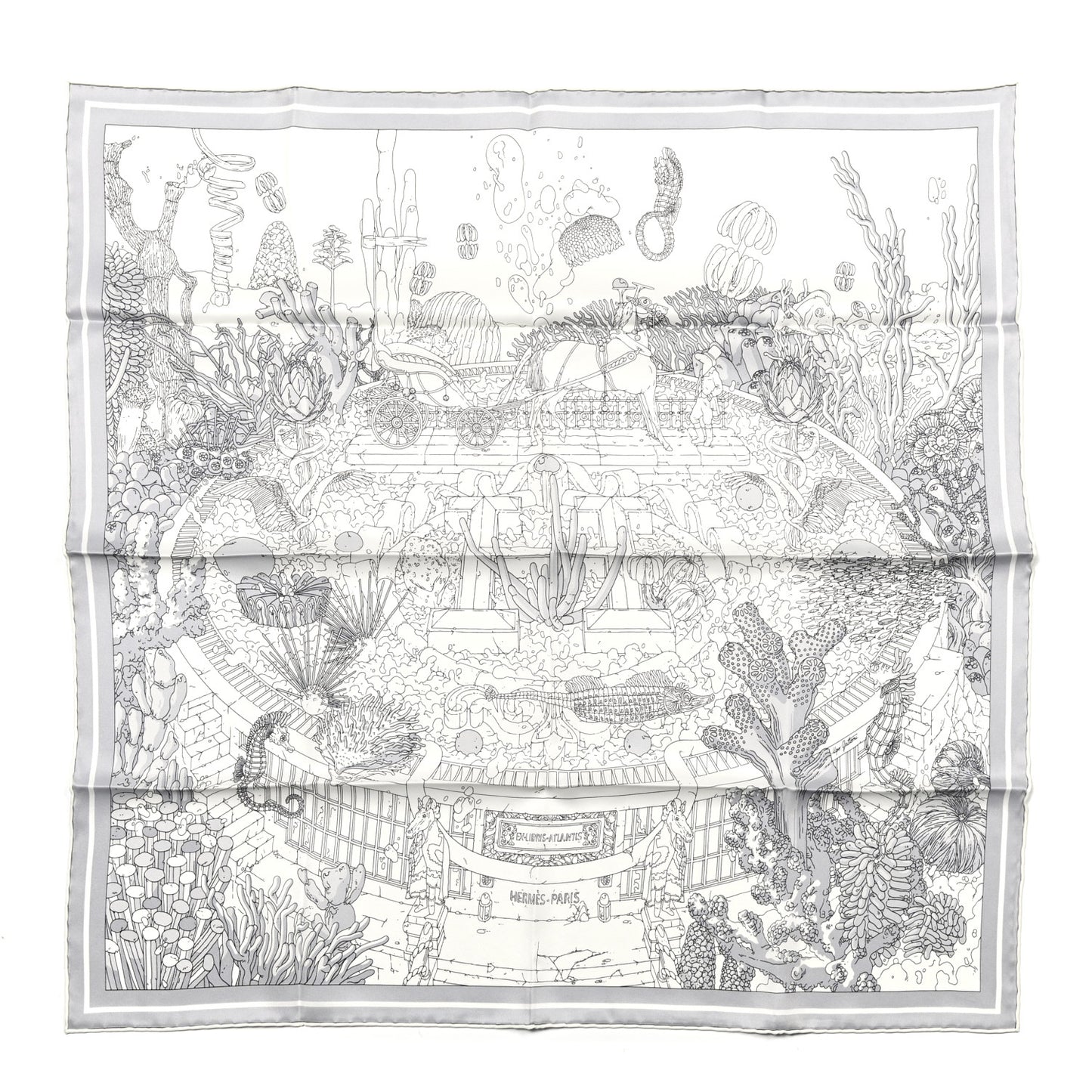 Vintage Silk Ex Libris Atlantis Scarf 70 White Gris Mastic