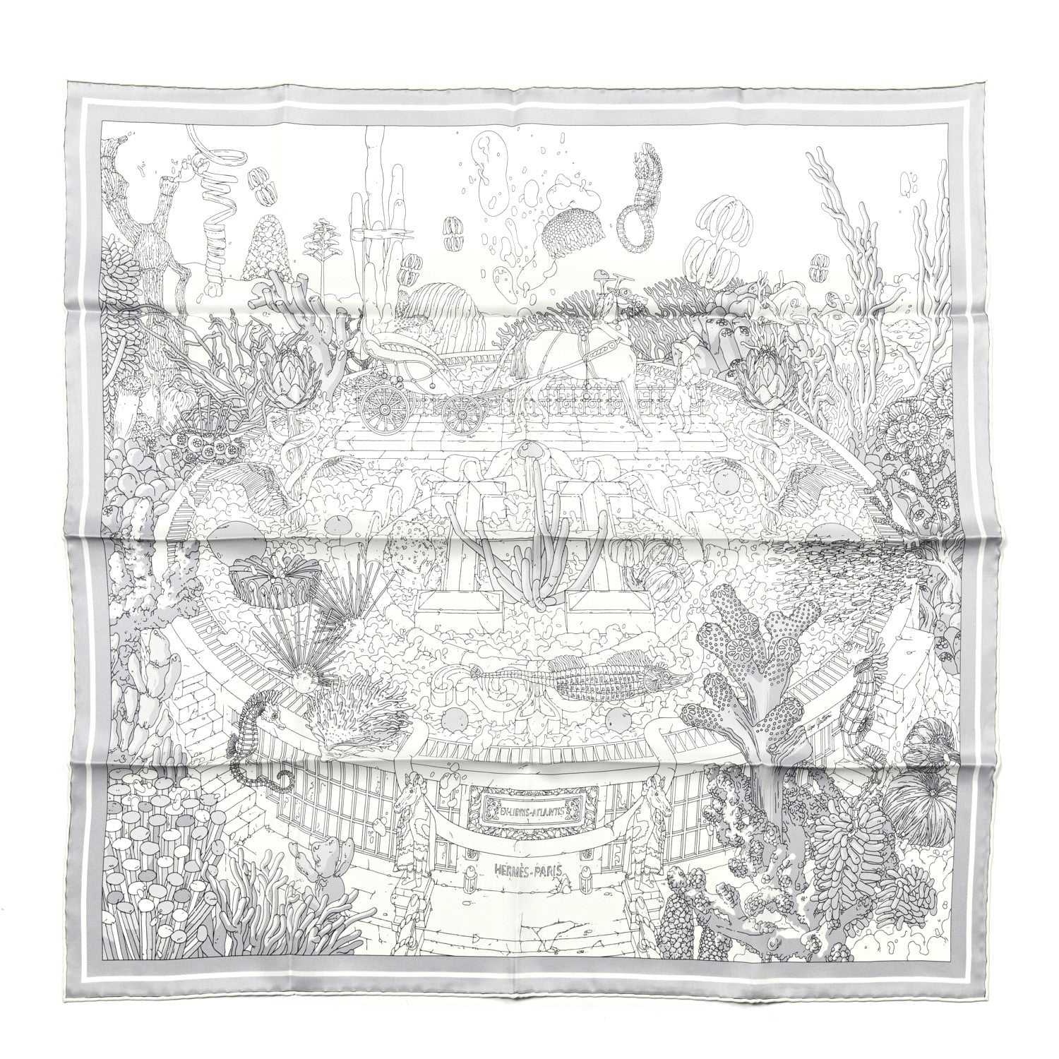 Hermes Vintage Silk Ex Libris Atlantis Scarf 70 White Gris Mastic 1 of 5