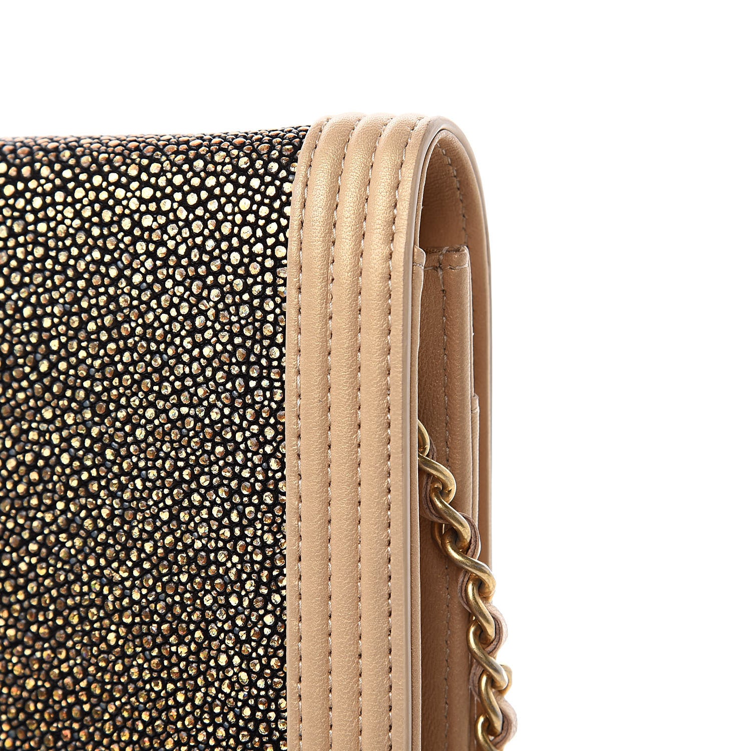 Chanel Metallic Galuchat Stingray Lambskin Boy Wallet On Chain WOC Gold 15 of 15
