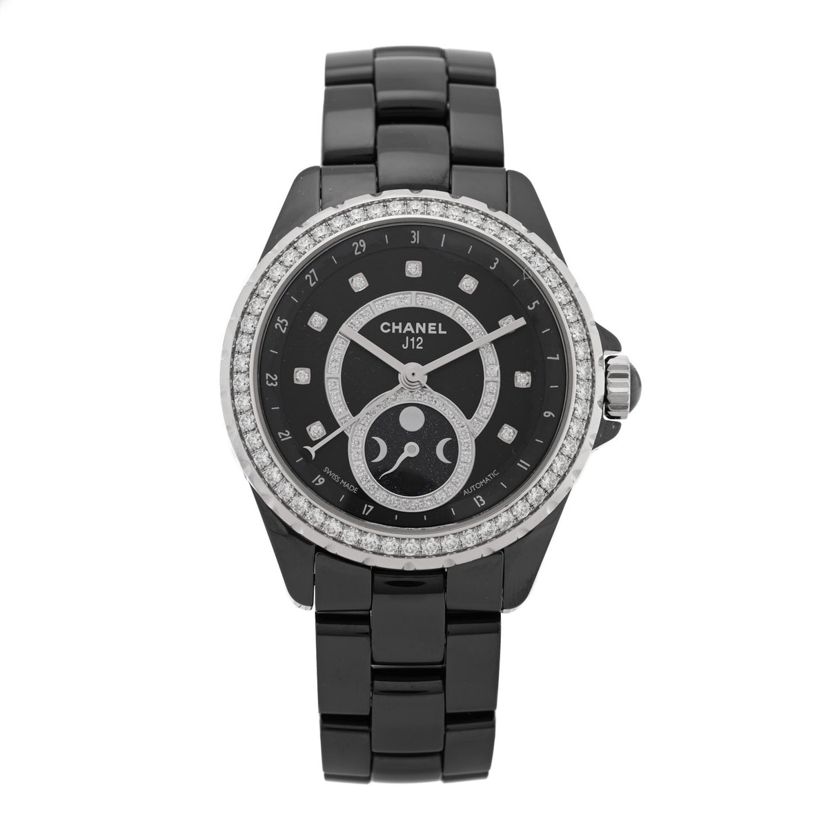 Chanel Stainless Steel Ceramic Diamond 38mm J12 Moon Phase Automatic Watch Black 1 of 4