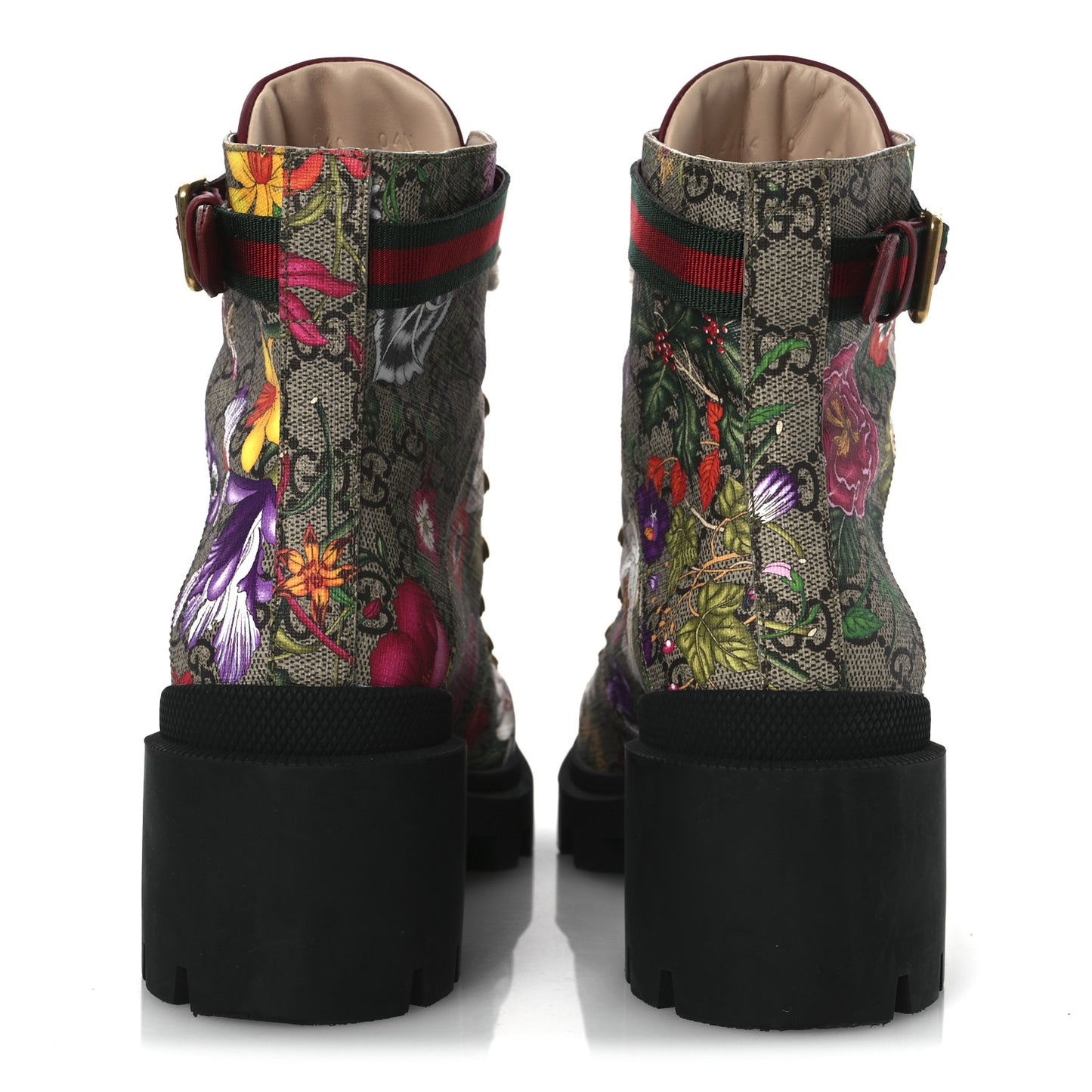 GG Supreme Monogram Flora Lace Up Combat Ankle Boots 40 Beige Multicolor Red