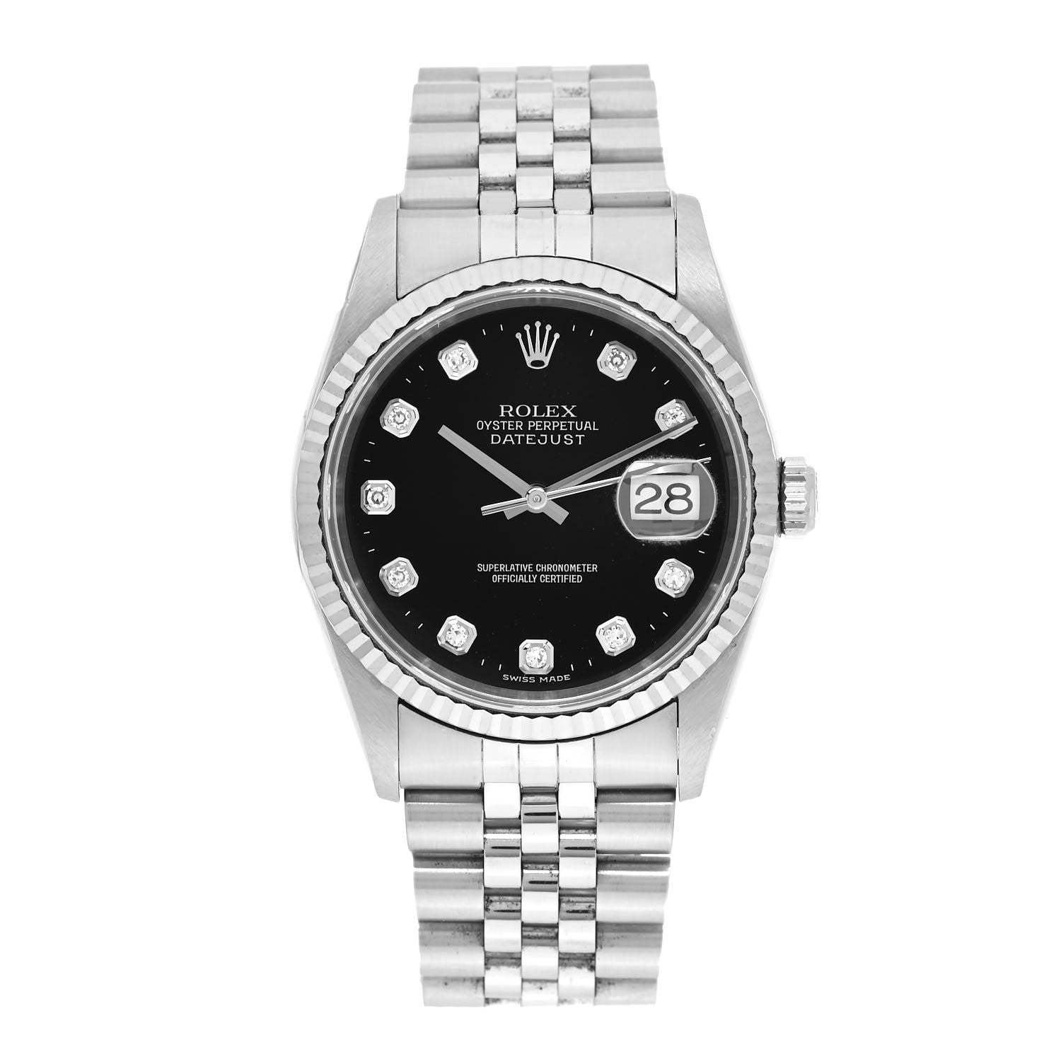 Rolex Stainless Steel 18K White Gold Diamond 36mm Oyster Perpetual Datejust Watch Black 16234 1 of 4