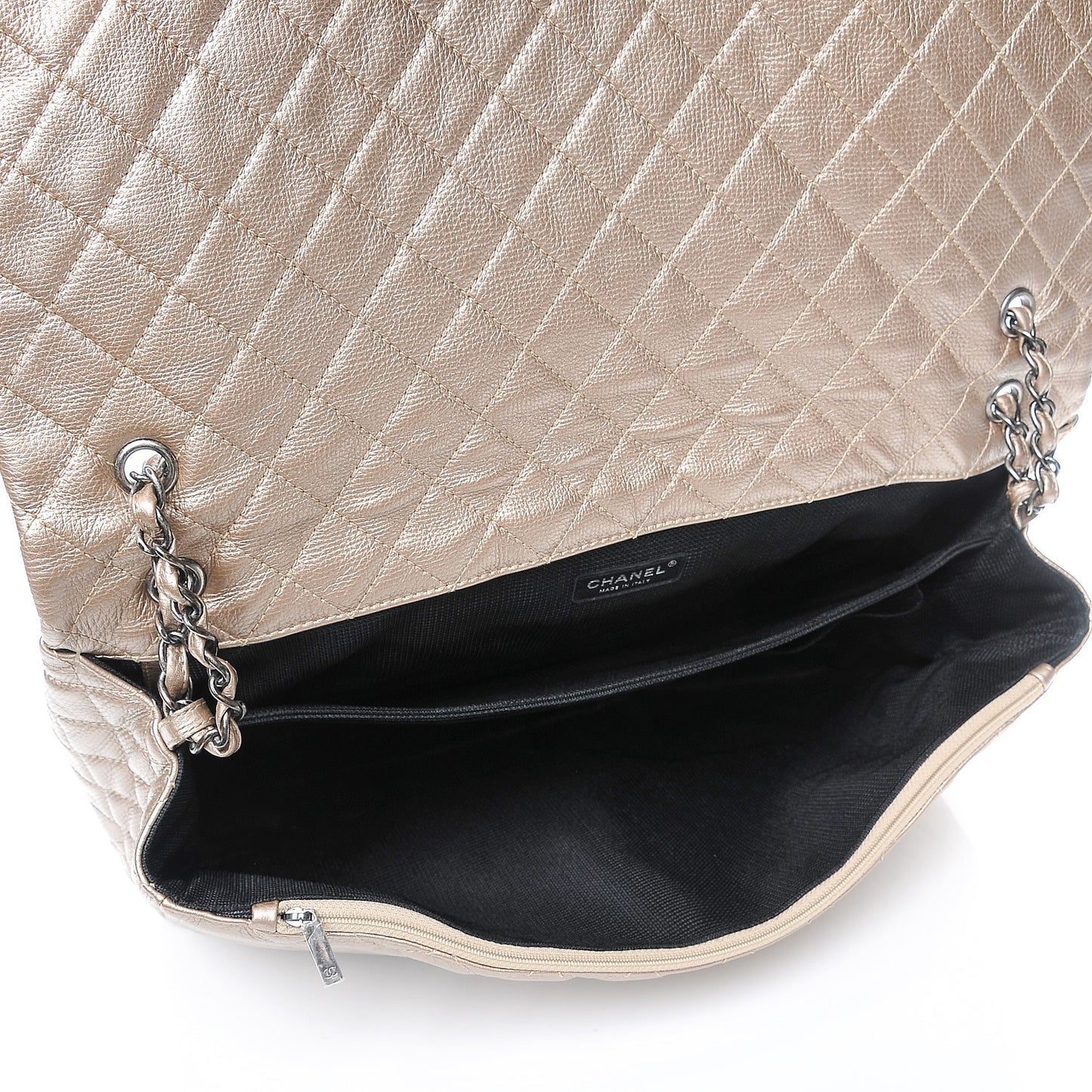 Metallic Calfskin Quilted XXL Travel Flap Bag Gold
