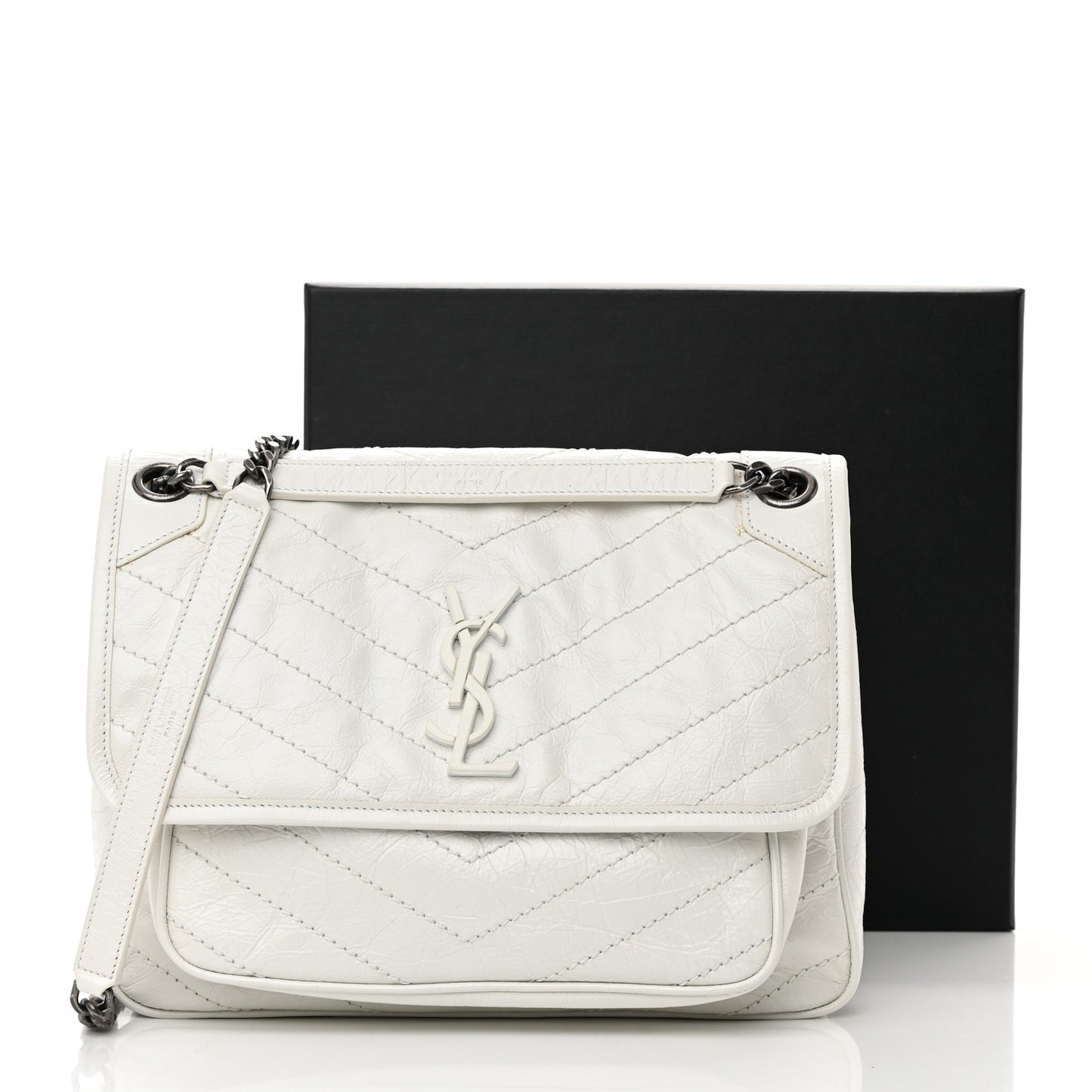 Crinkled Calfskin Matelasse Monogram Medium Niki Chain Satchel Dirty White