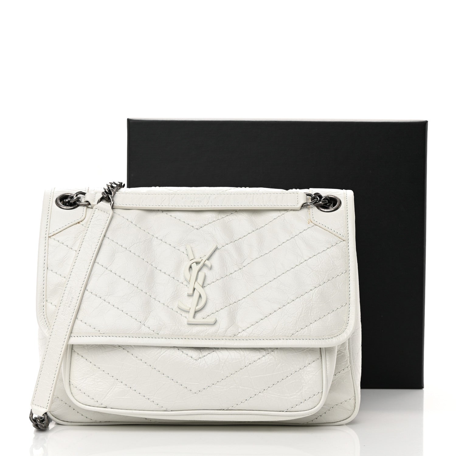 Saint Laurent Crinkled Calfskin Matelasse Monogram Medium Niki Chain Satchel Dirty White 16 of 16