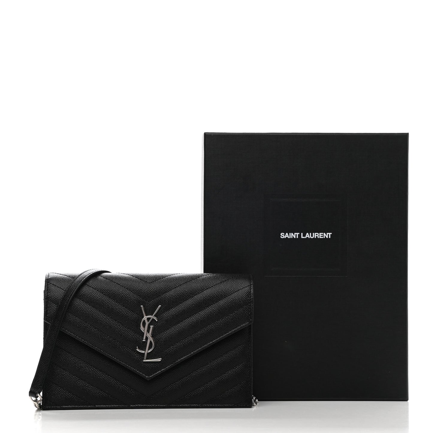Grain De Poudre Matelasse Chevron Monogram Envelope Chain Wallet Black