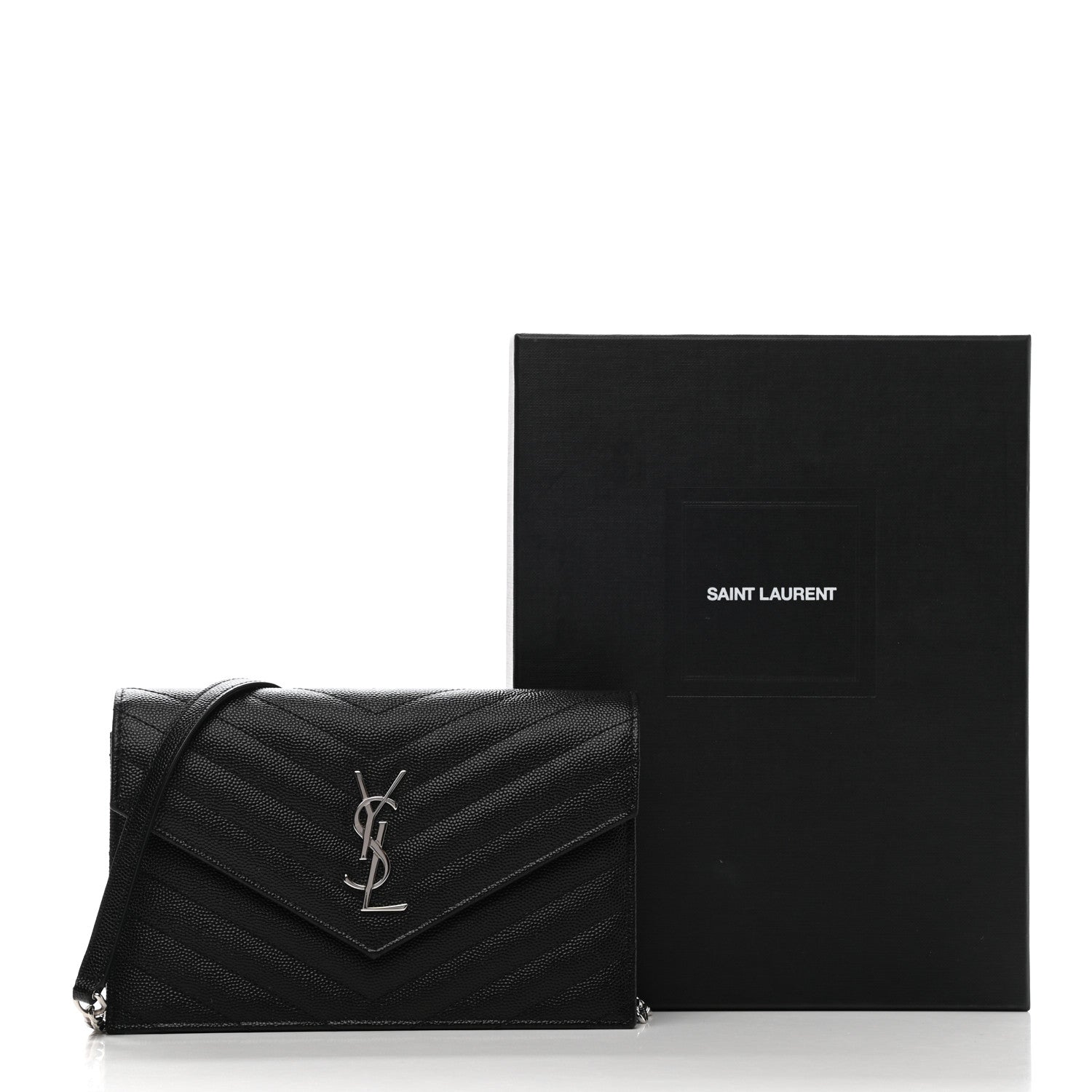 Saint Laurent Grain De Poudre Matelasse Chevron Monogram Envelope Chain Wallet Black 10 of 10