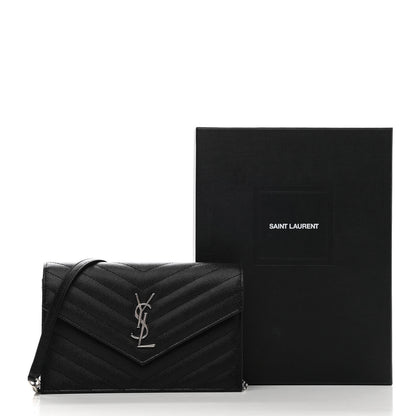 Saint Laurent Grain De Poudre Matelasse Chevron Monogram Envelope Chain Wallet Black 10 of 10