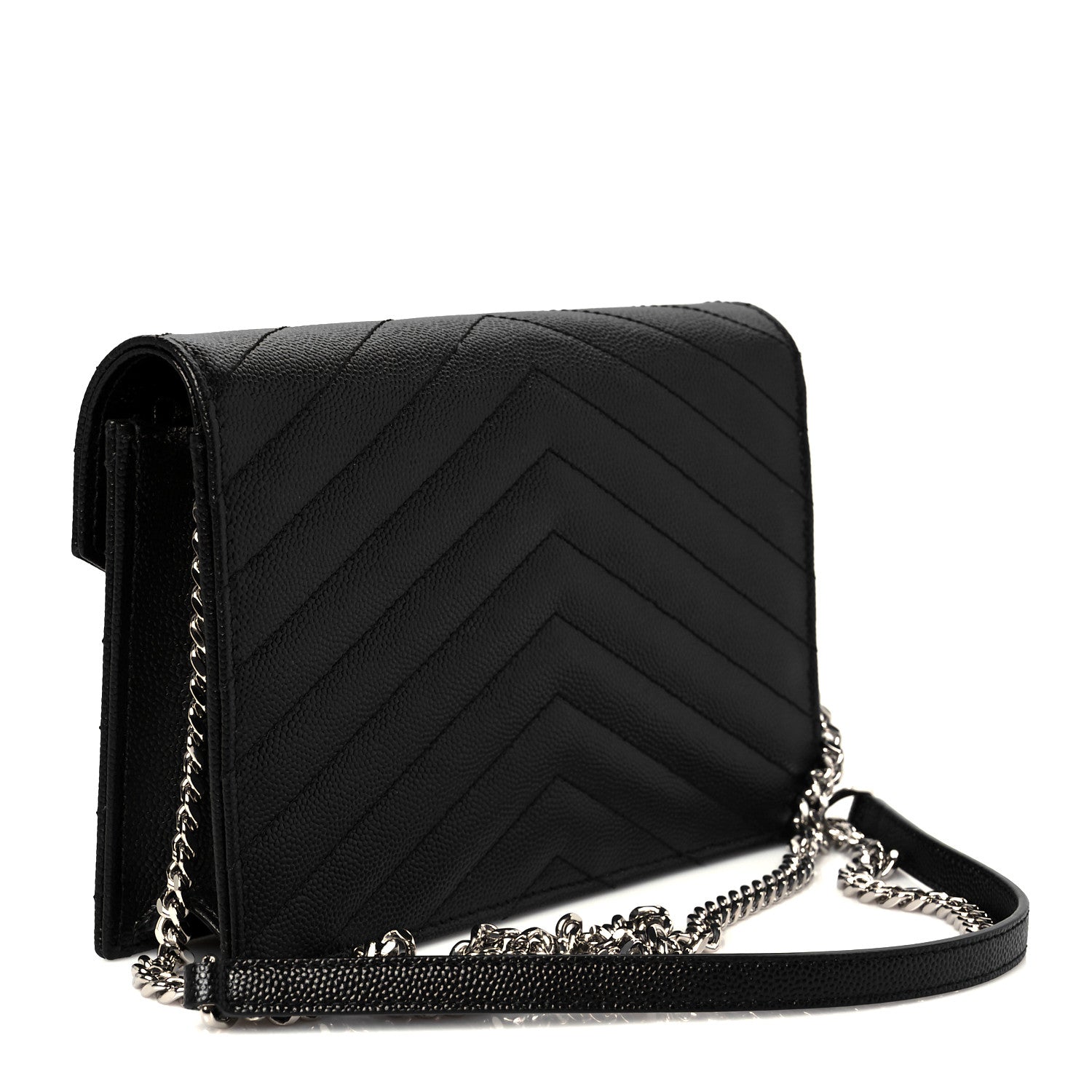 Saint Laurent Grain De Poudre Matelasse Chevron Monogram Envelope Chain Wallet Black 3 of 12