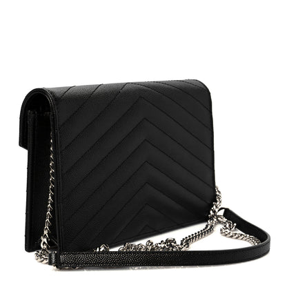 Saint Laurent Grain De Poudre Matelasse Chevron Monogram Envelope Chain Wallet Black 3 of 12