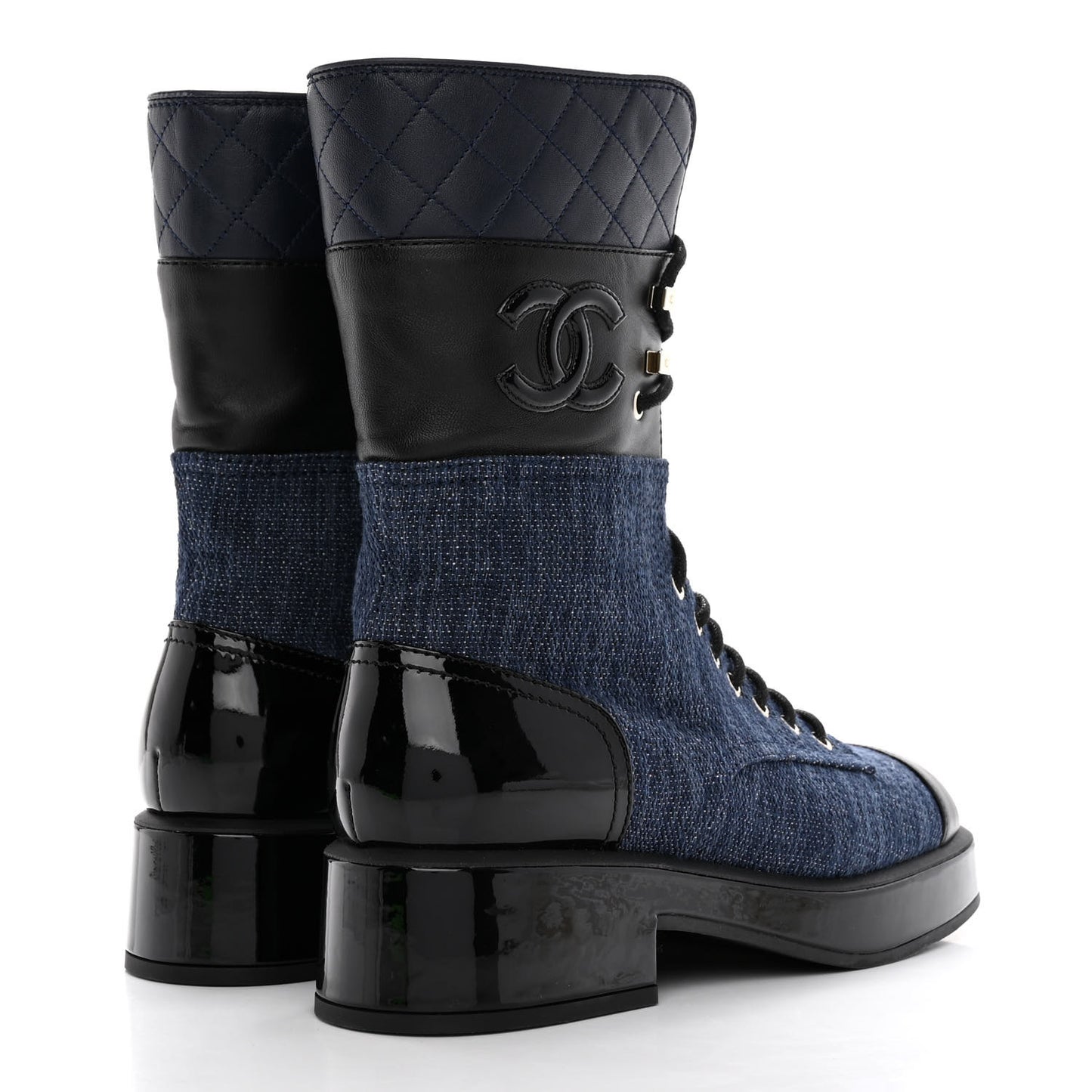 Denim Patent Lambskin Quilted CC Lace Up Combat Boots 39.5 Blue Black