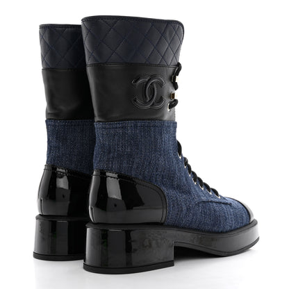 Chanel Denim Patent Lambskin Quilted CC Lace Up Combat Boots 39.5 Blue Black 4 of 10