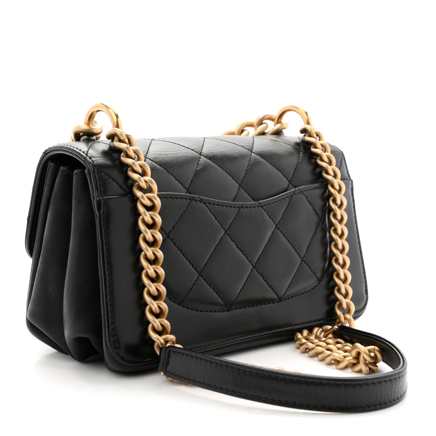 Iridescent Calfskin Quilted Mini Straight Lined Flap Black