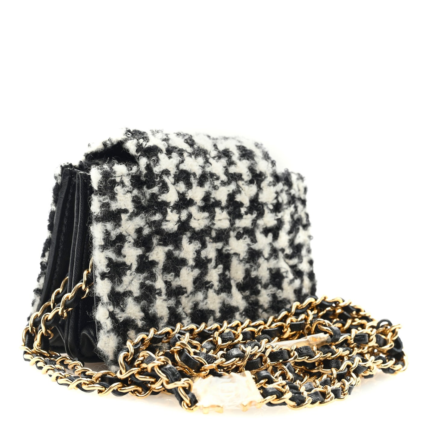 Tweed Houndstooth Quilted Mini Accordion Clutch With Chain White Black