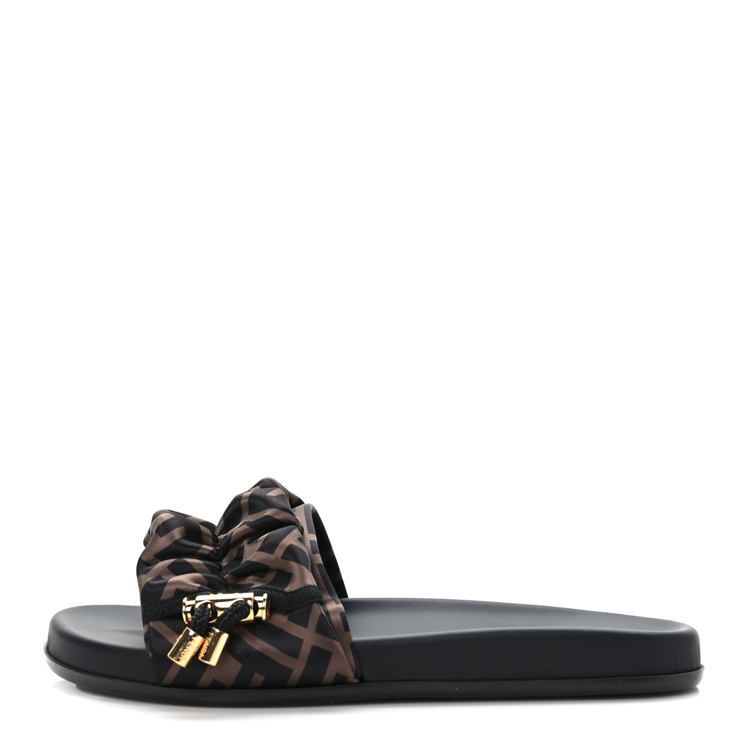 Fendi Satin FF Fendi Feel Slide Sandals 37 Tobacco Black 1 of 7