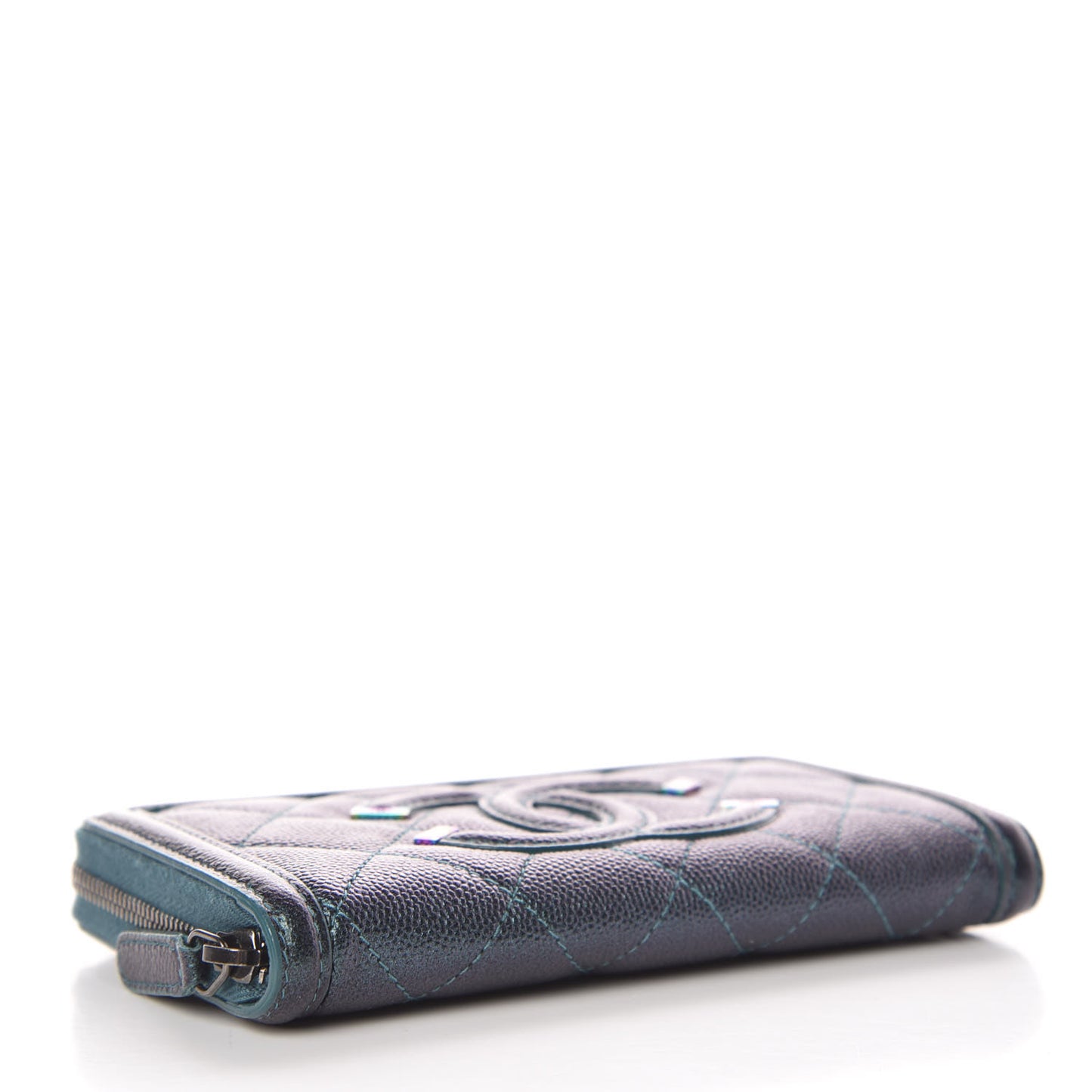 Iridescent Caviar Quilted Medium Filigree Zip Around Wallet Dark Turquoise