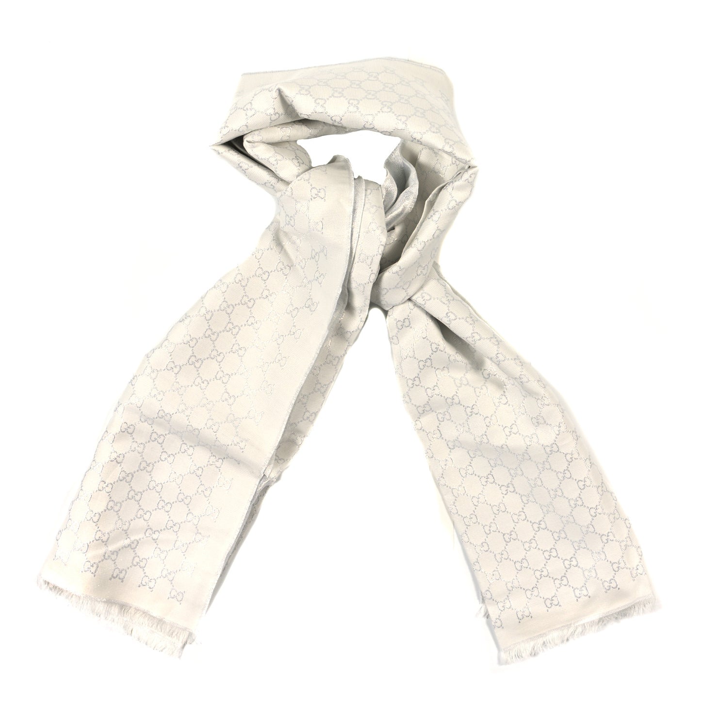Cotton Lame GG Monogram Argentavio Fringe Scarf Ivory Light Grey