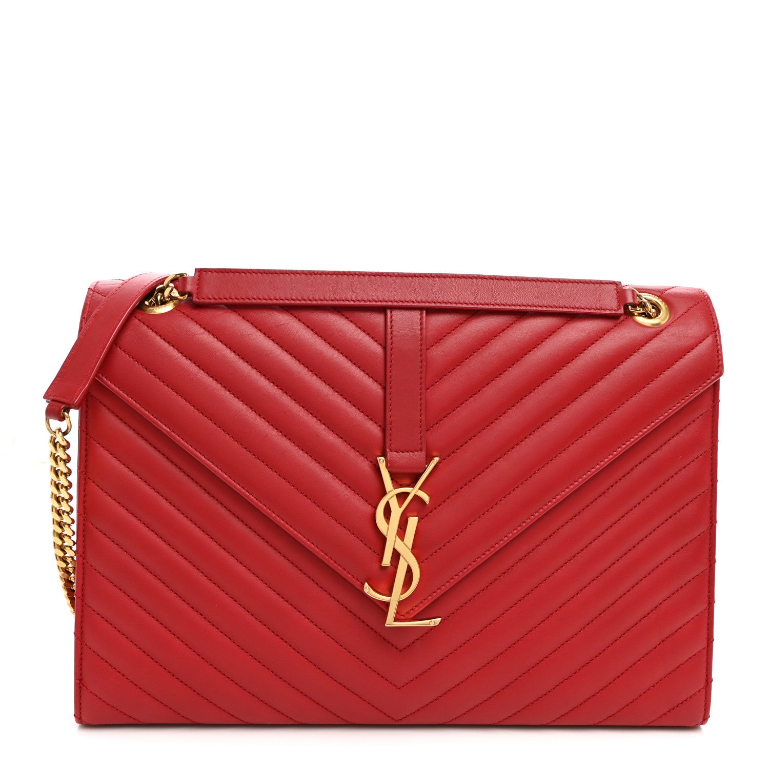 Saint Laurent Smooth Calfskin Matelasse Chevron Large Monogram Satchel Red 1 of 12
