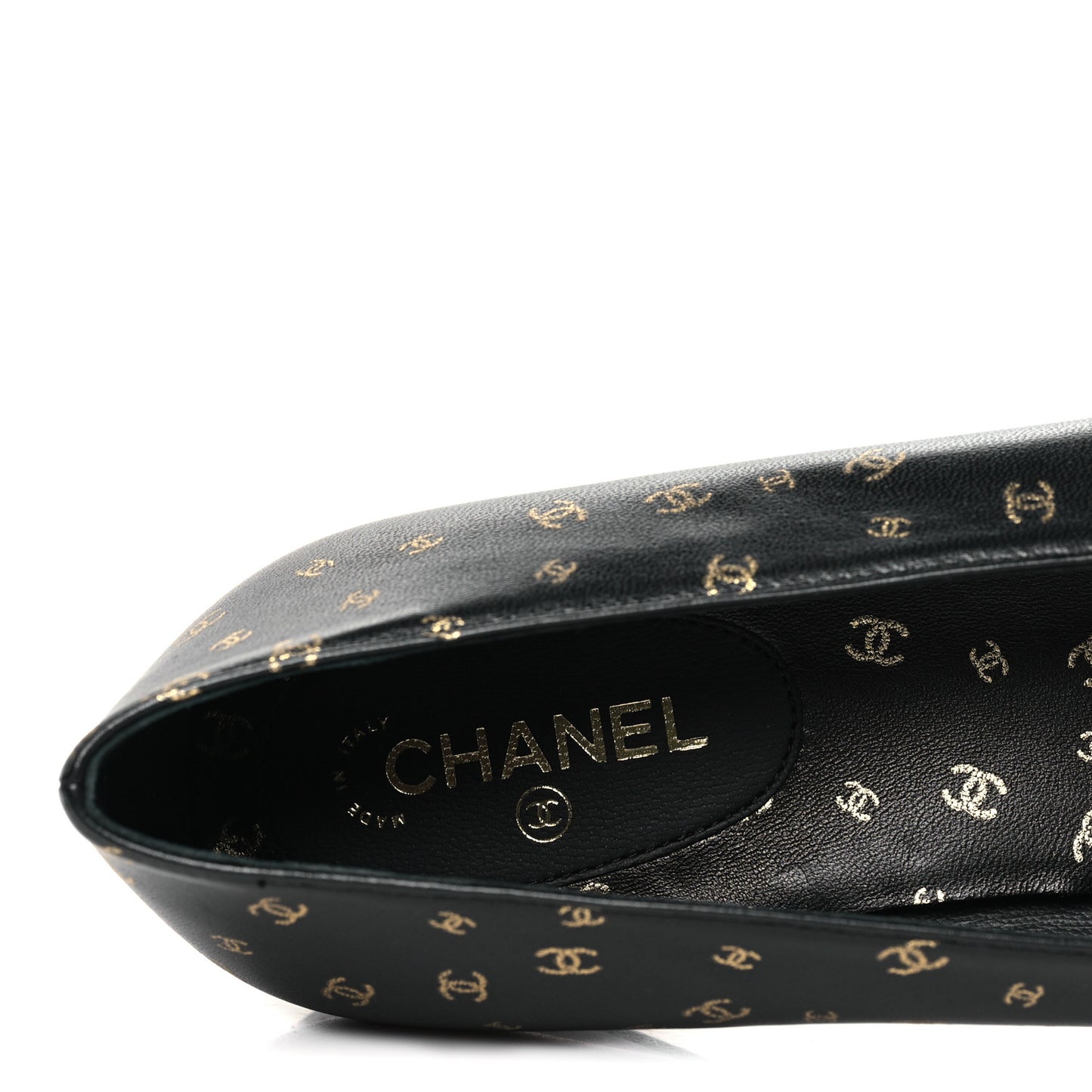 Lambskin Patent Calfskin Printed CC Cap Toe Ballerina Flats 36.5 Black Gold