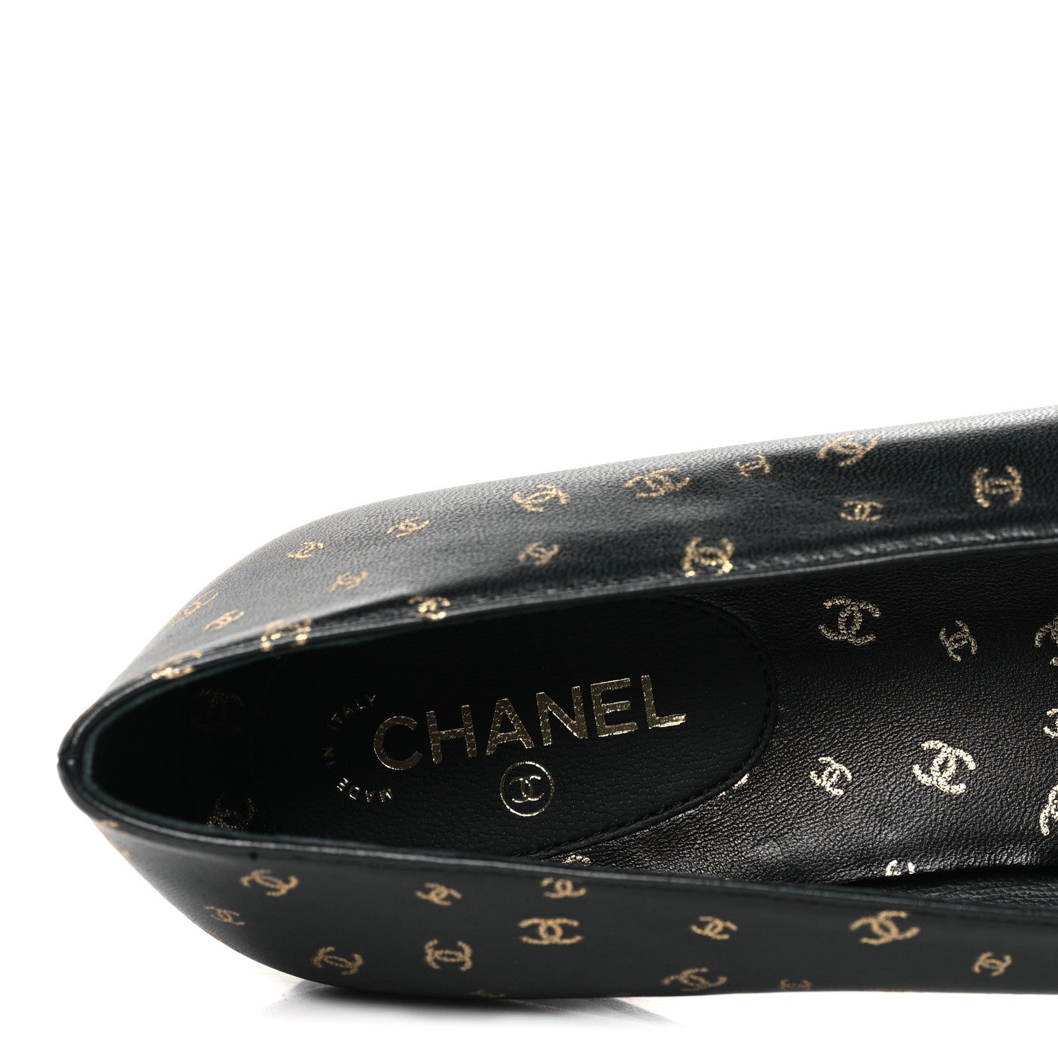 Chanel Lambskin Patent Calfskin Printed CC Cap Toe Ballerina Flats 36.5 Black Gold 7 of 9