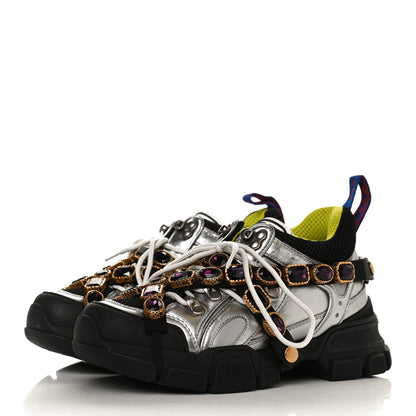 Gucci X SEGA Metallic Calfskin Mesh Removable Crystals Womens Flashtrek Sneakers 36 Silver Black 3 of 10