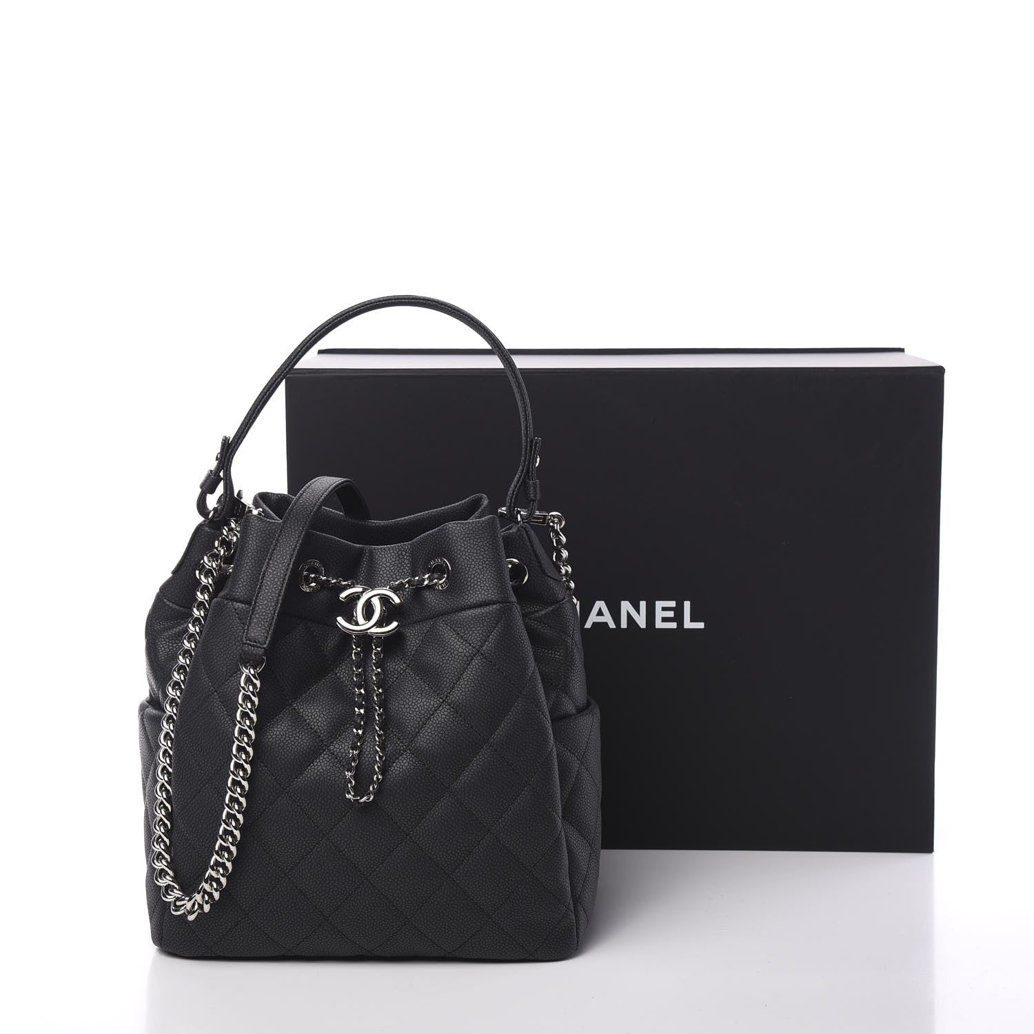 Chanel Grained Calfskin Quilted Medium CC Chain Bucket Drawstring Bag Grey 10 of 10