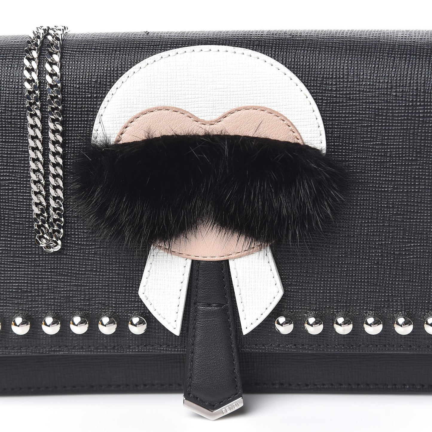 Vitello Elite Mink Fur Studded Karlito Tube Wallet on Chain Black