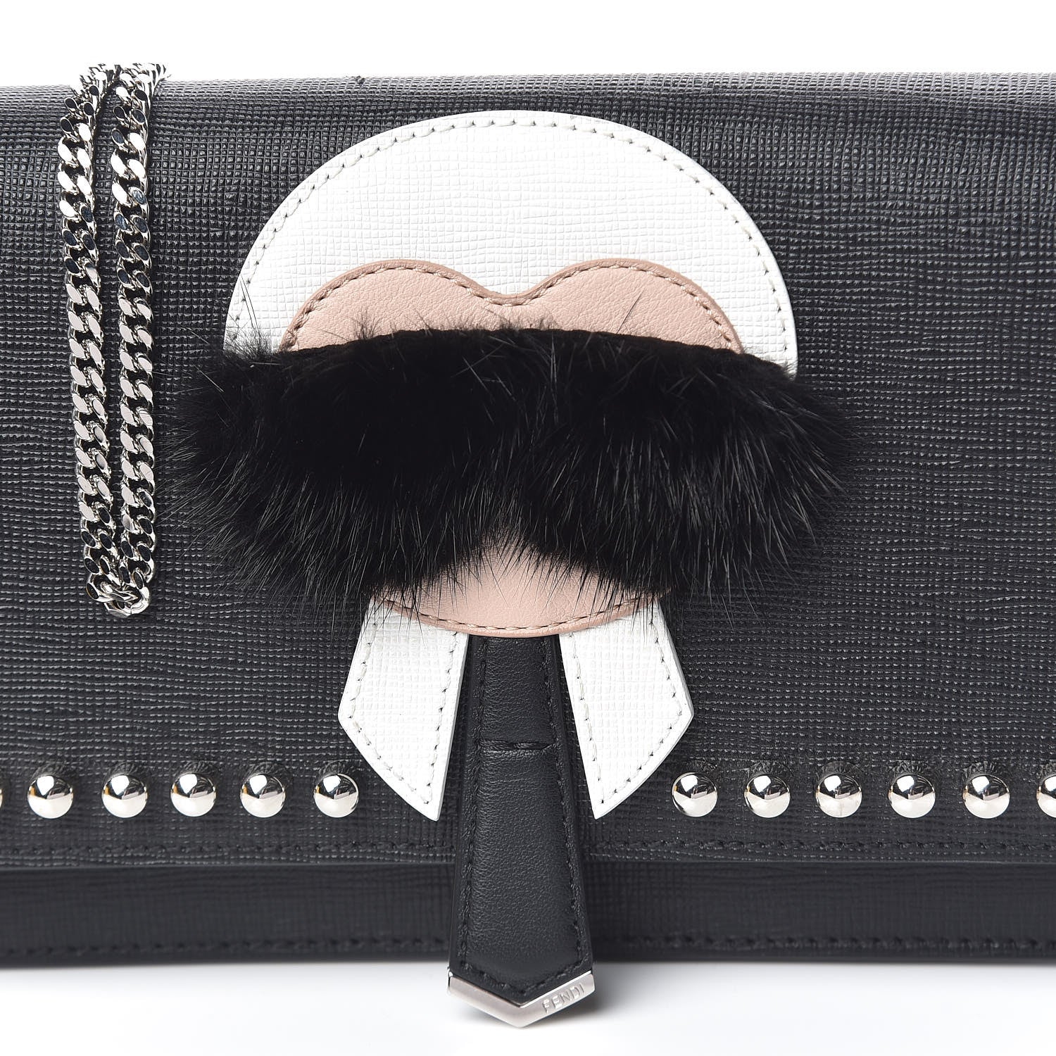 Fendi Vitello Elite Mink Fur Studded Karlito Tube Wallet on Chain Black 10 of 11